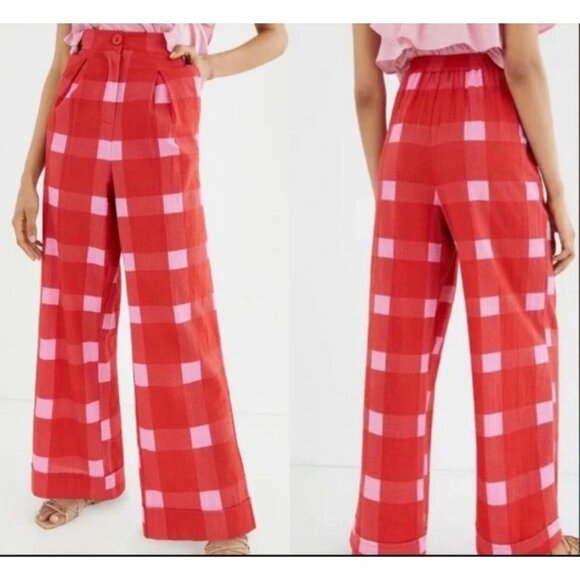 Anthropologie Porridge Womens Medium Red & Pink Plaid Wide-Leg Pants 100% Cotton - Picture 1 of 14